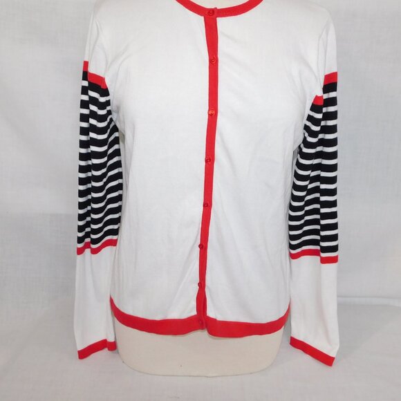 Northern Reflections Women M White Cardigan Sweater Red Navy Blue Striped detail - Picture 3 of 10